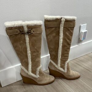 Coach Tan Suede Wedge Boots with Fur Trim